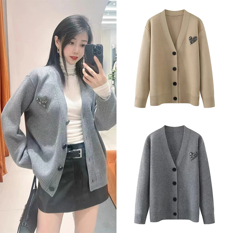 【M511】V领爱心水钻装饰宽松长袖针织开衫毛衣外套