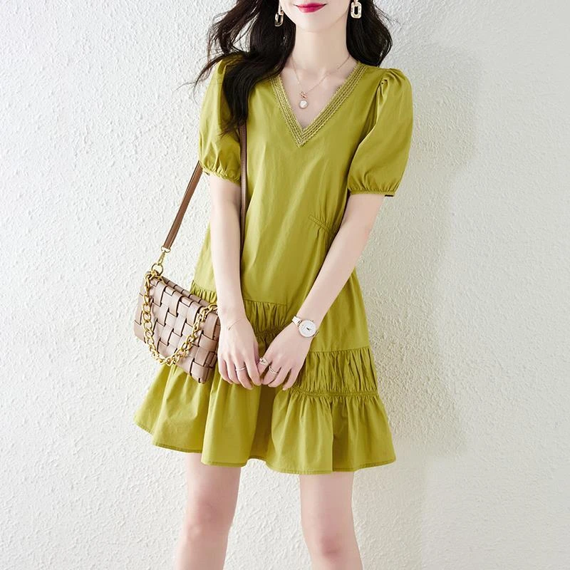 法式V领连衣裙女小个子夏季2024新款宽松显瘦遮肚子茶歇衬衫裙子