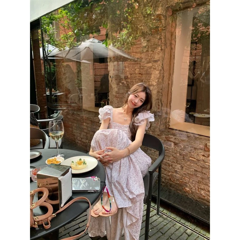 紫色碎花方领花苞袖连衣裙女夏季新款小清新甜美超仙气质可爱长裙