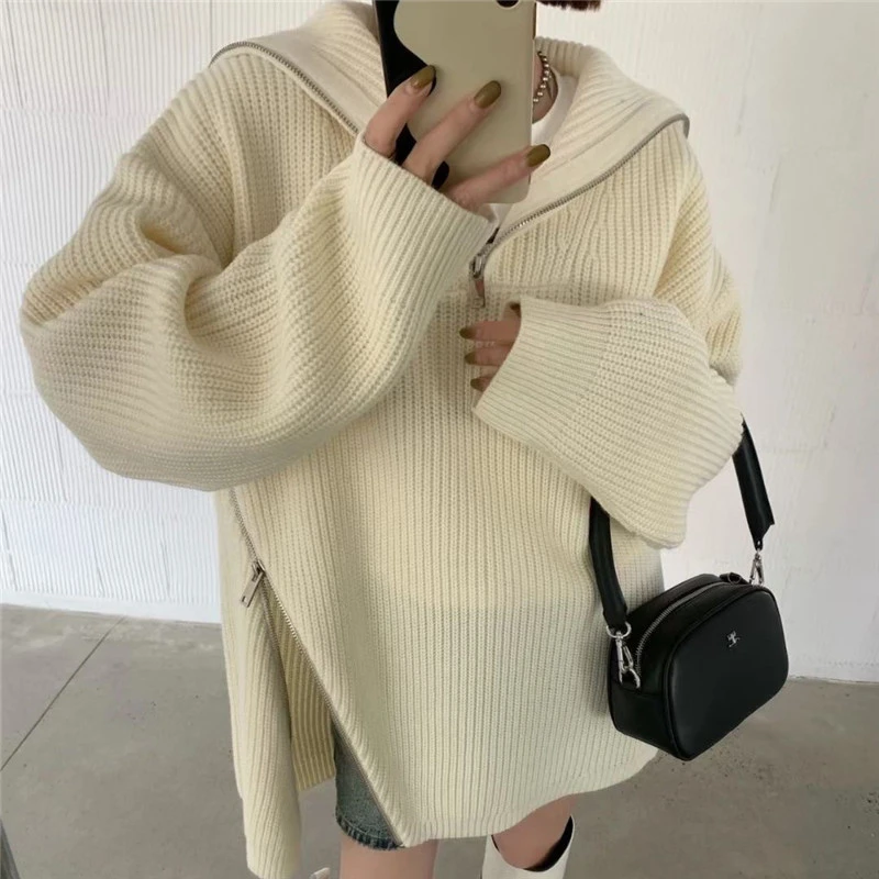 慵懒风不规则设计感大翻领毛衣秋冬季宽松加厚针织衫上衣跨境女装