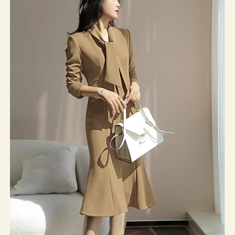 TW2024年女装新气质优雅名媛过膝长裙设计感轻奢鱼尾连衣裙子2225