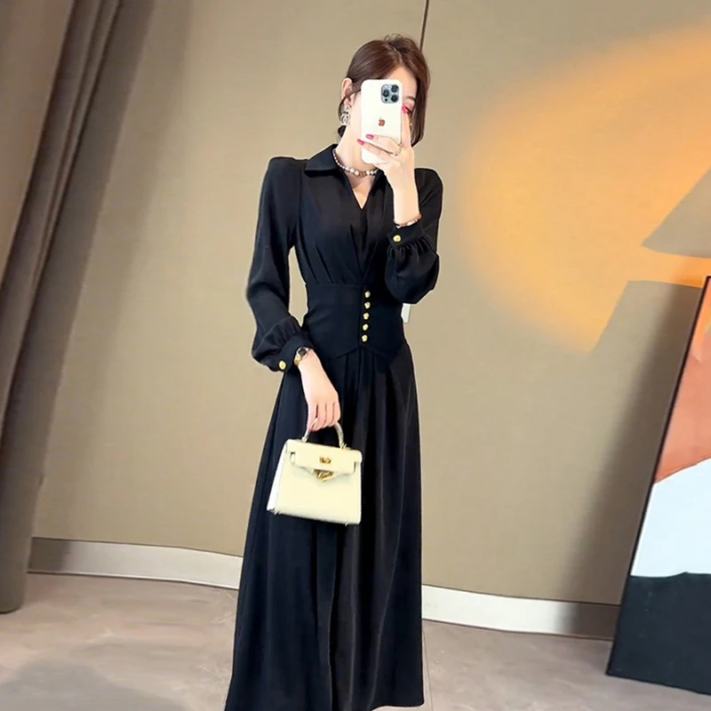 优雅气质大气长裙小黑裙名媛御姐高级感赫本连衣裙7556