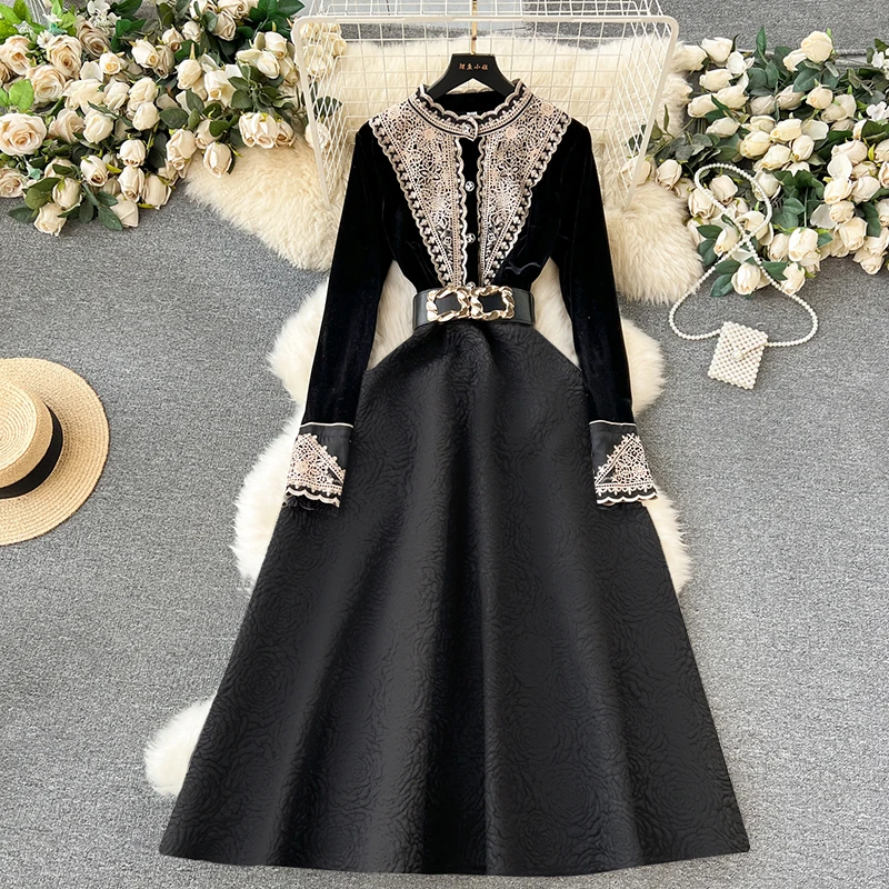 【有里布】黑色复古连衣裙女冬时尚高级感法式赫本风礼服裙子2466