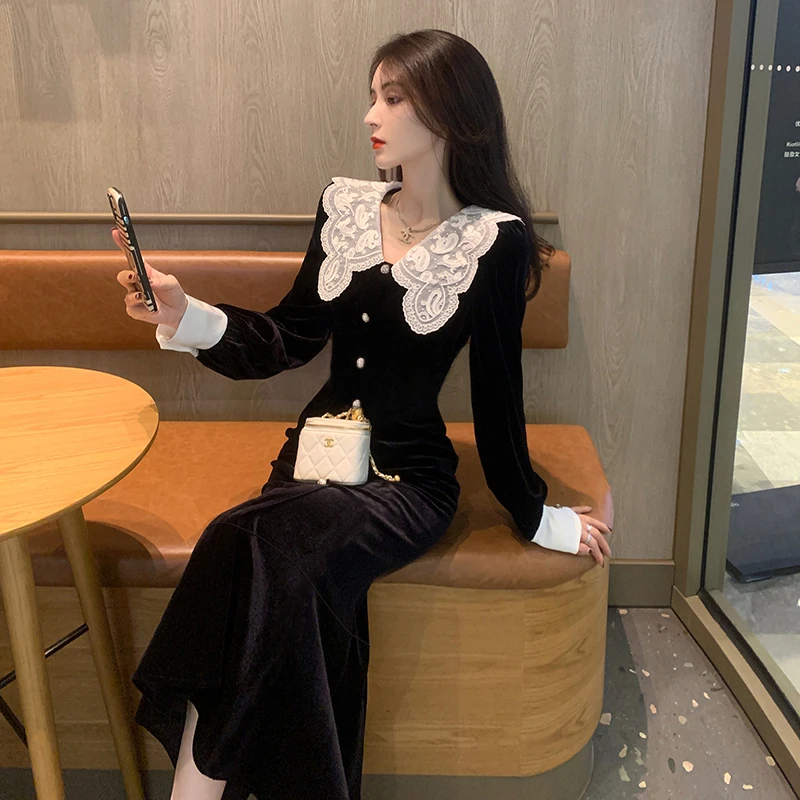 气质连衣裙新款高级感法式穿搭小个子娃娃领小黑裙A6031