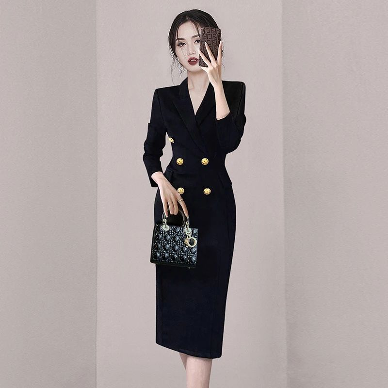 【沐紫】女装连衣裙职业气质时尚西装裙新款收腰西服连衣裙7741