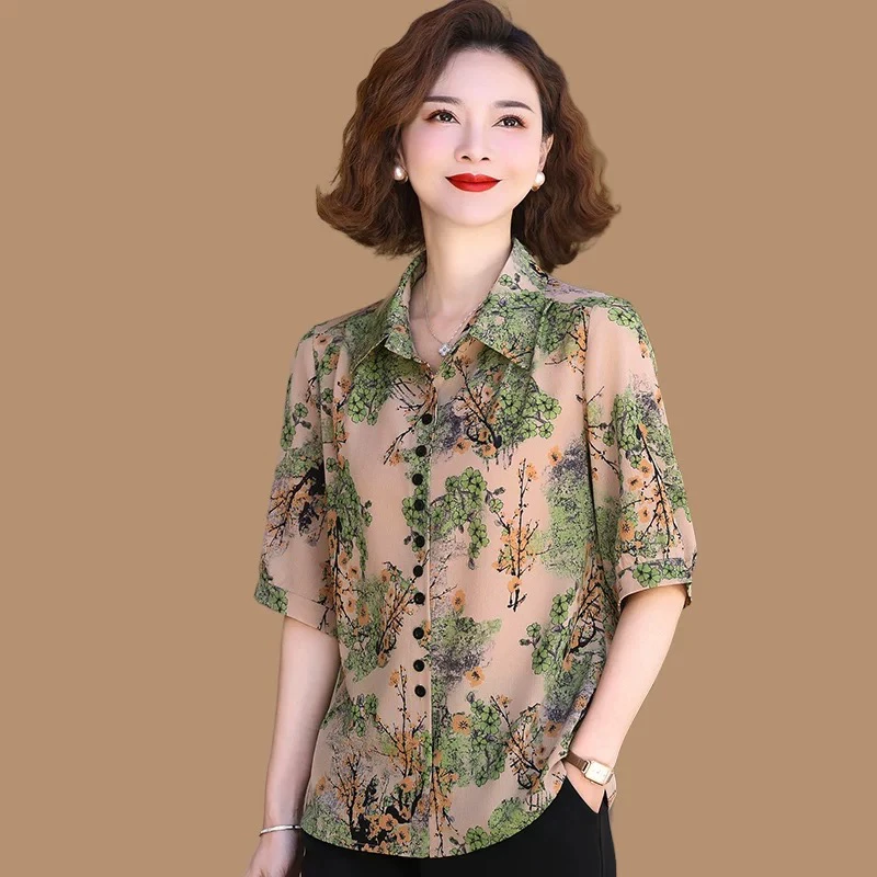 夏季中老年妈妈加肥加大复古时尚休闲宽松七分袖夏季衬衫