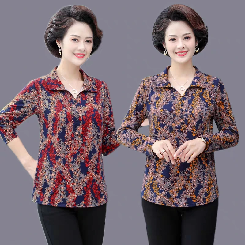 中老年女装套头衬衫中年人上衣春秋长袖T恤显瘦妈妈装打底衫