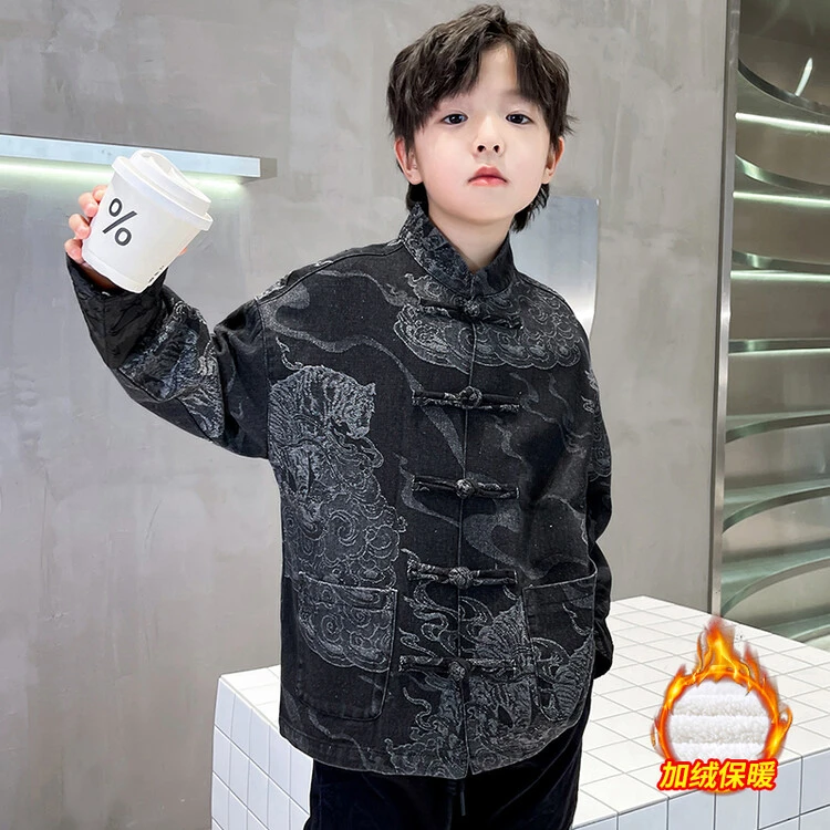 【川合适】虎啸云纹牛仔汉服中式唐装中国风男童外套加绒复古