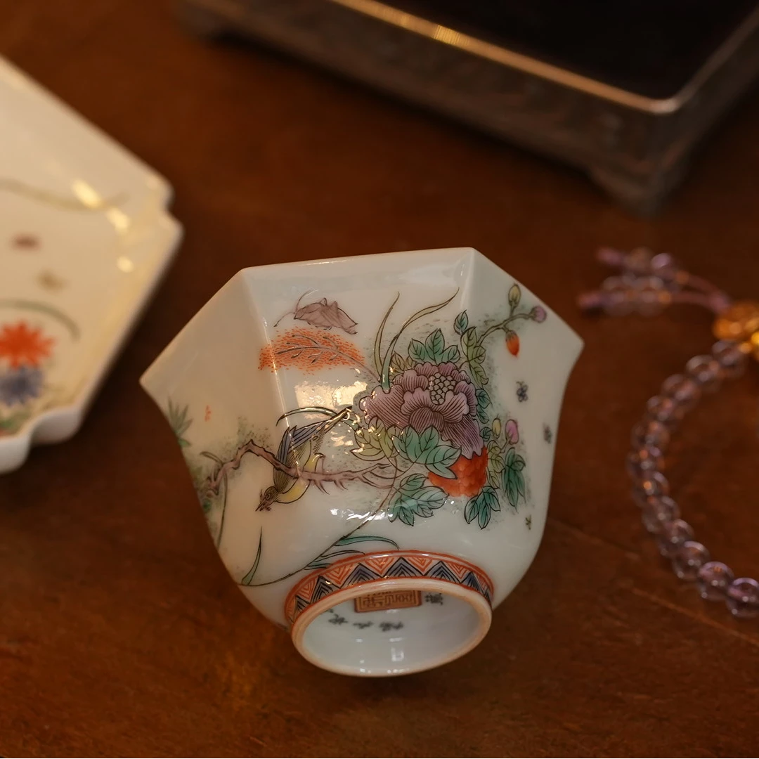 古阅和风「花鸟六方杯」景德镇高端手工陶瓷 「古彩」茶器 手绘精工