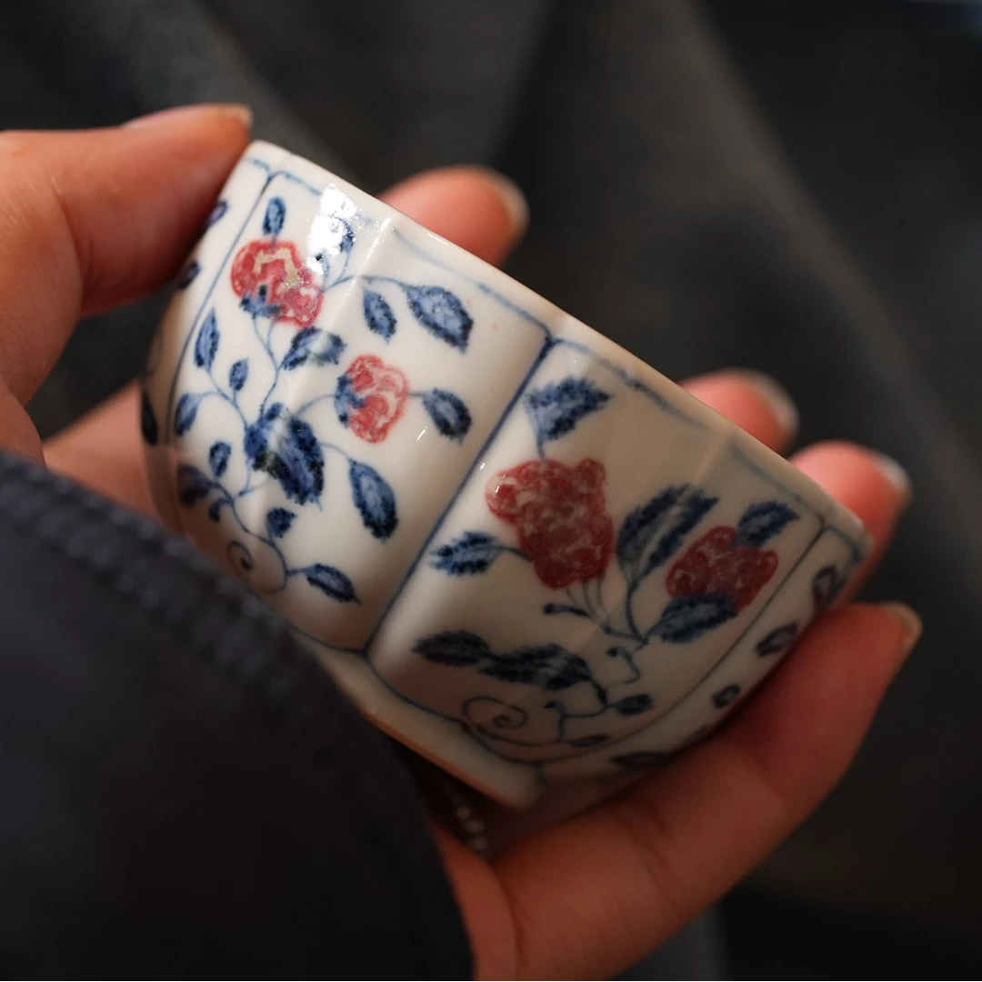 丰青原矿瓜棱形青花釉里红主人杯景德镇高端茶器压手杯