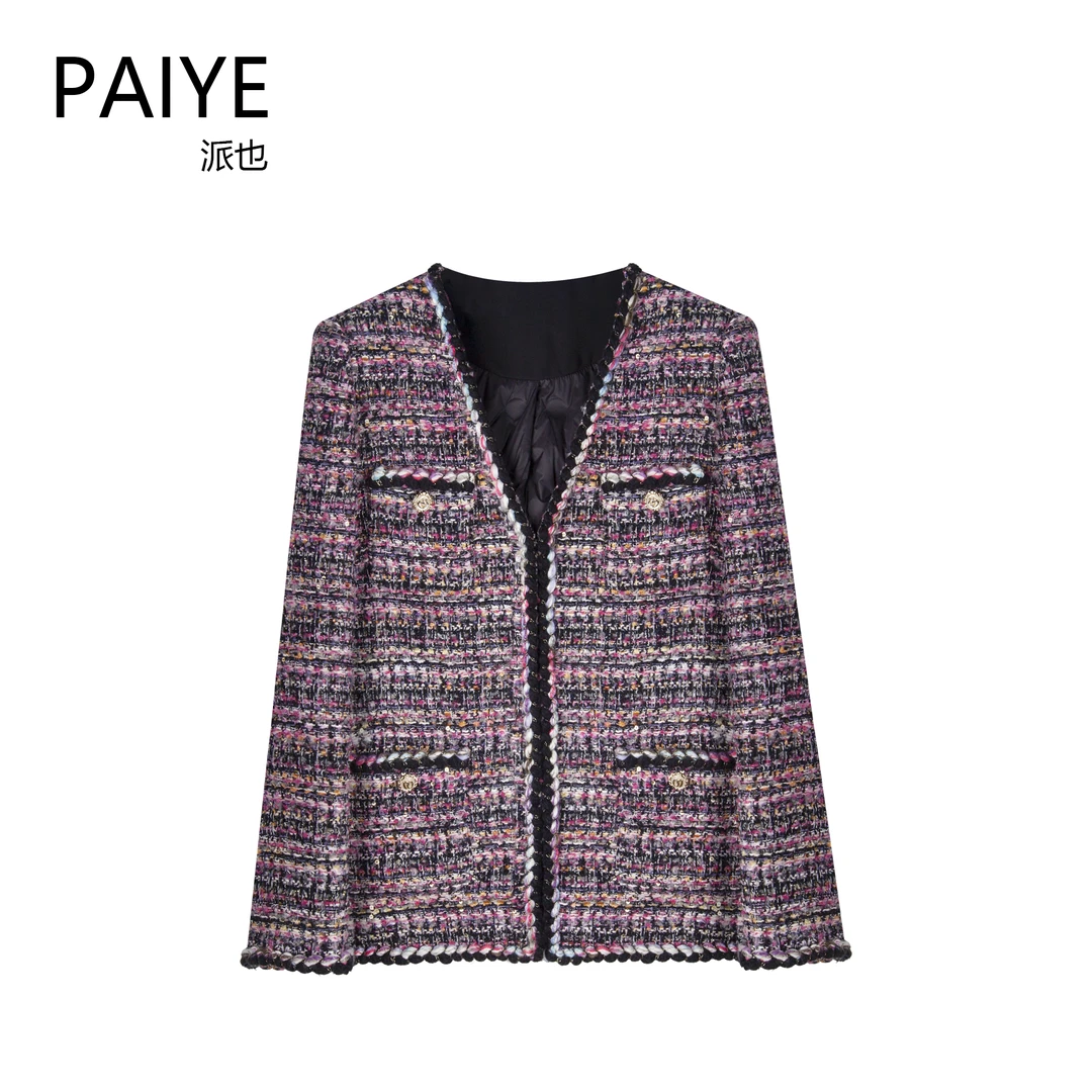 90白鸭绒【紫苏】气质黑色植绒花纱编制冬季小香风羽绒服外套A78059