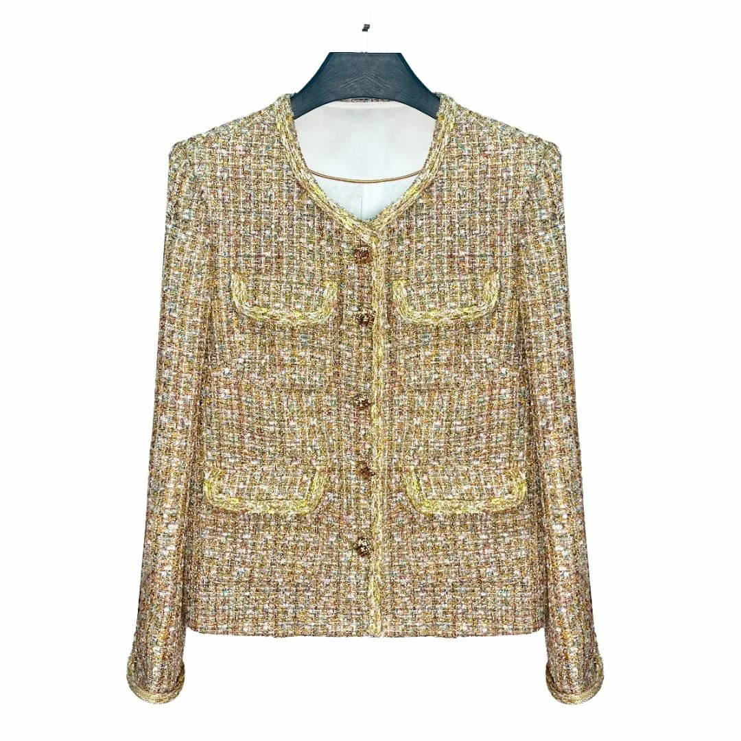 [黄金甲] 2025高级款专机编织面料彩金色小香风粗花呢外套A60727