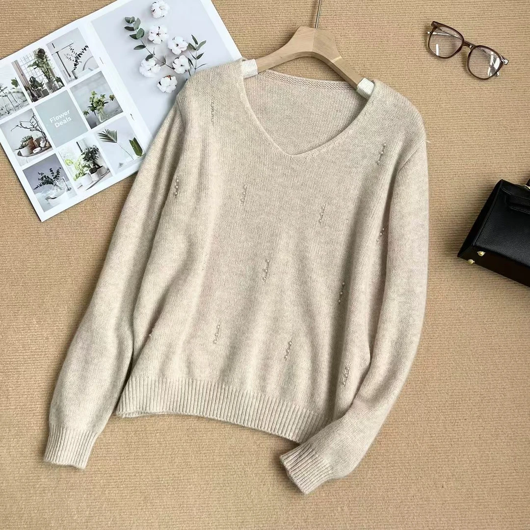 小静折扣~P605L  V领钉珠温柔套头毛衣针织衫（衣长56（80-130斤）