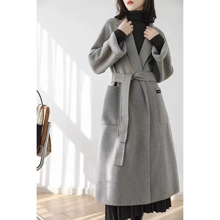 小静折扣~P906W     浴袍款带腰带长款双面呢大衣