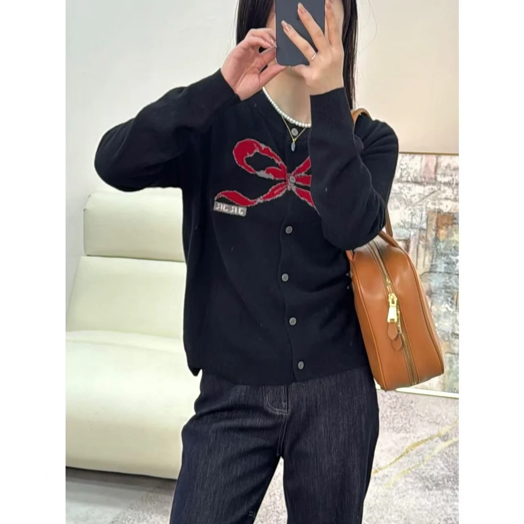 小静折扣~P608L 圆领糯叽叽蝴蝶结提花针织开衫（衣长56（80-130斤）