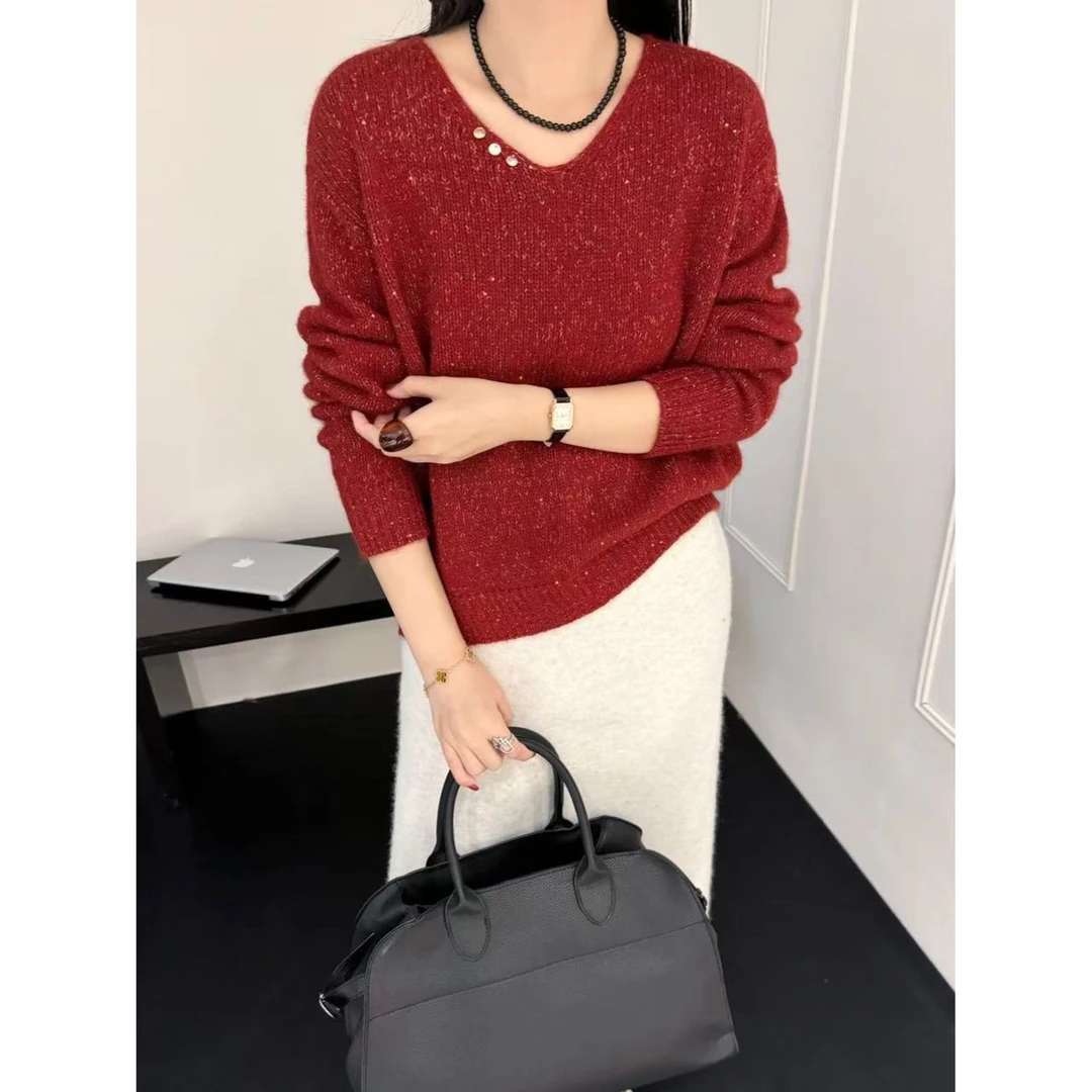 小静折扣~P630L幻彩珠片纱重工加厚套头V领毛衣（衣长52（80-130斤）