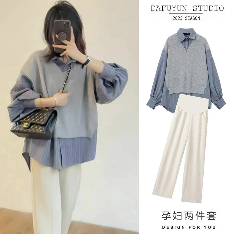 【孕妇装】潮妈秋冬时尚减龄宽松假两件衬衫+休闲托腹阔腿裤套装