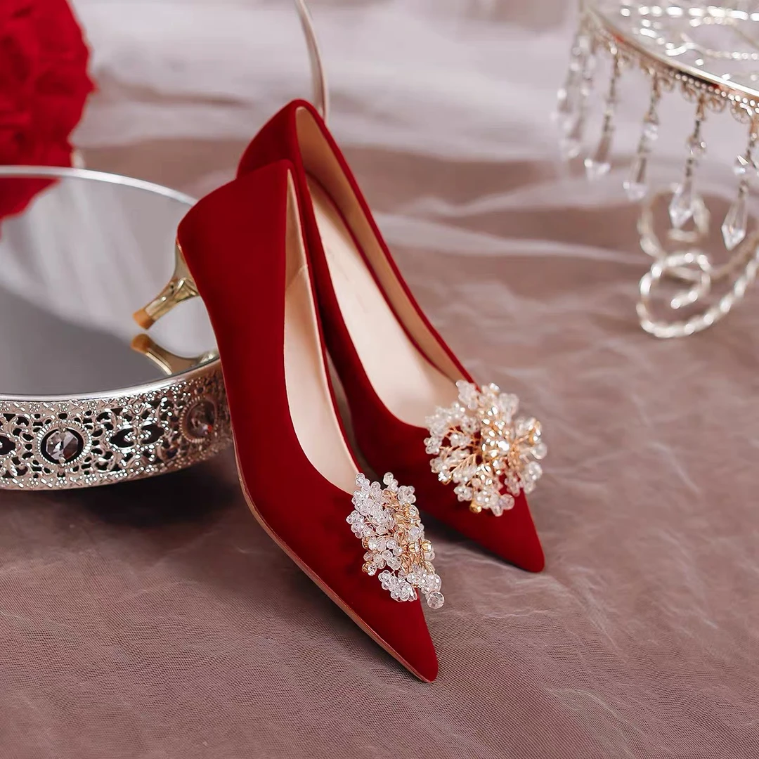 8087-4 时尚百搭尖头细跟红色高跟鞋单鞋