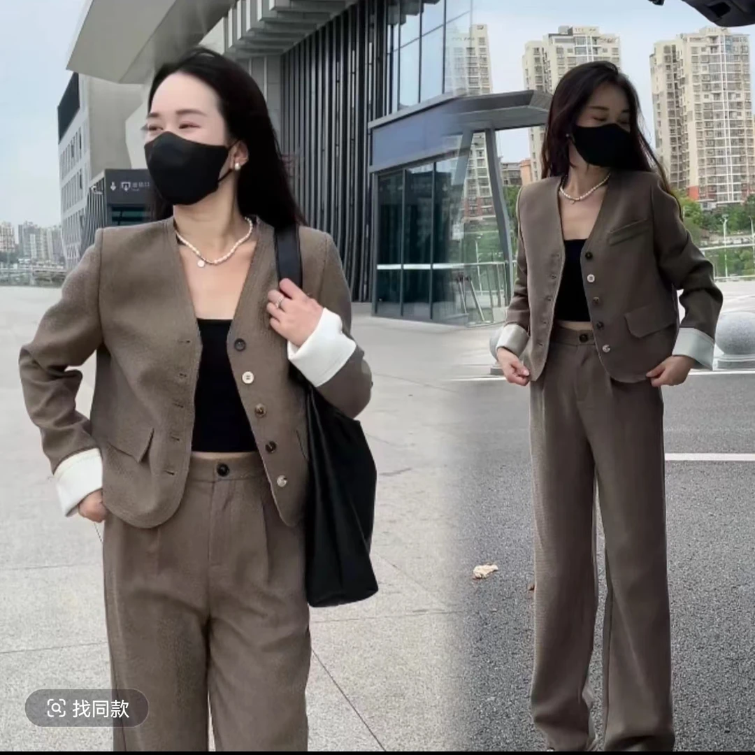 休闲套装女秋季时尚宽松短款V领西服洋气阔腿裤两件套6122#
