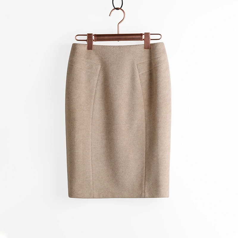 杏色毛呢秋冬半身裙女2024新款高腰开叉包臀裙气质中长款直筒裙子