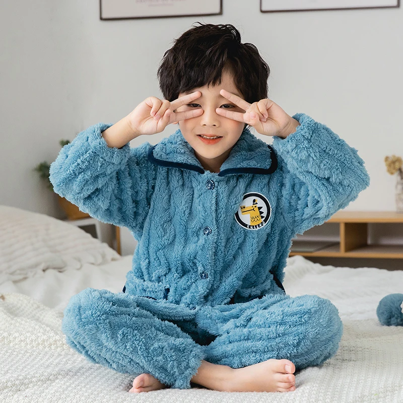 秋冬款儿童法兰绒保暖家居服男孩女童中大童宝宝珊瑚绒家居服套装