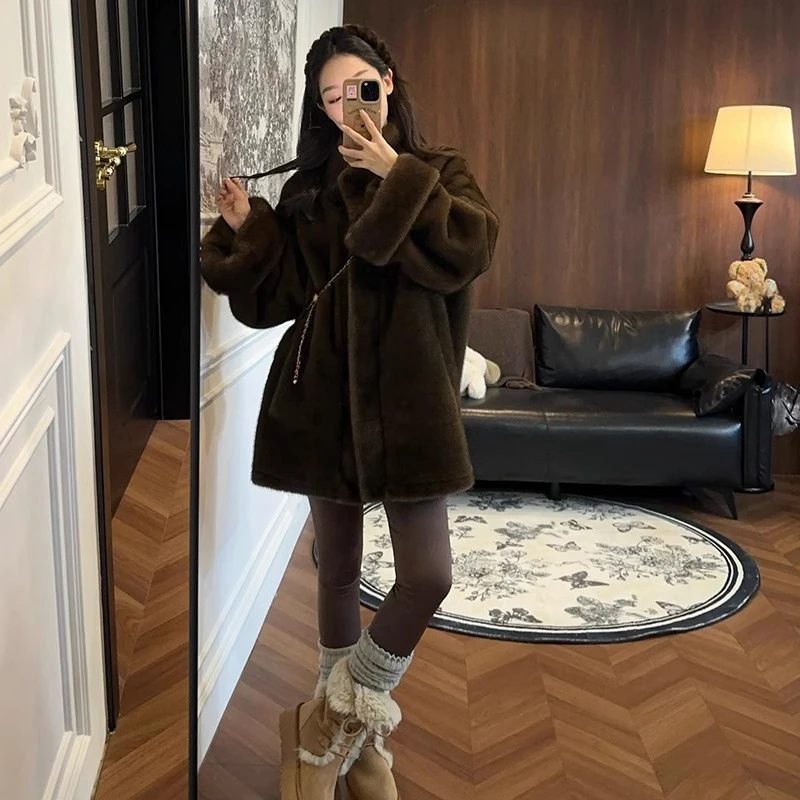 2025秋冬季新款韩版宽松外套中长款立领挽袖中古咖色外套女冬款