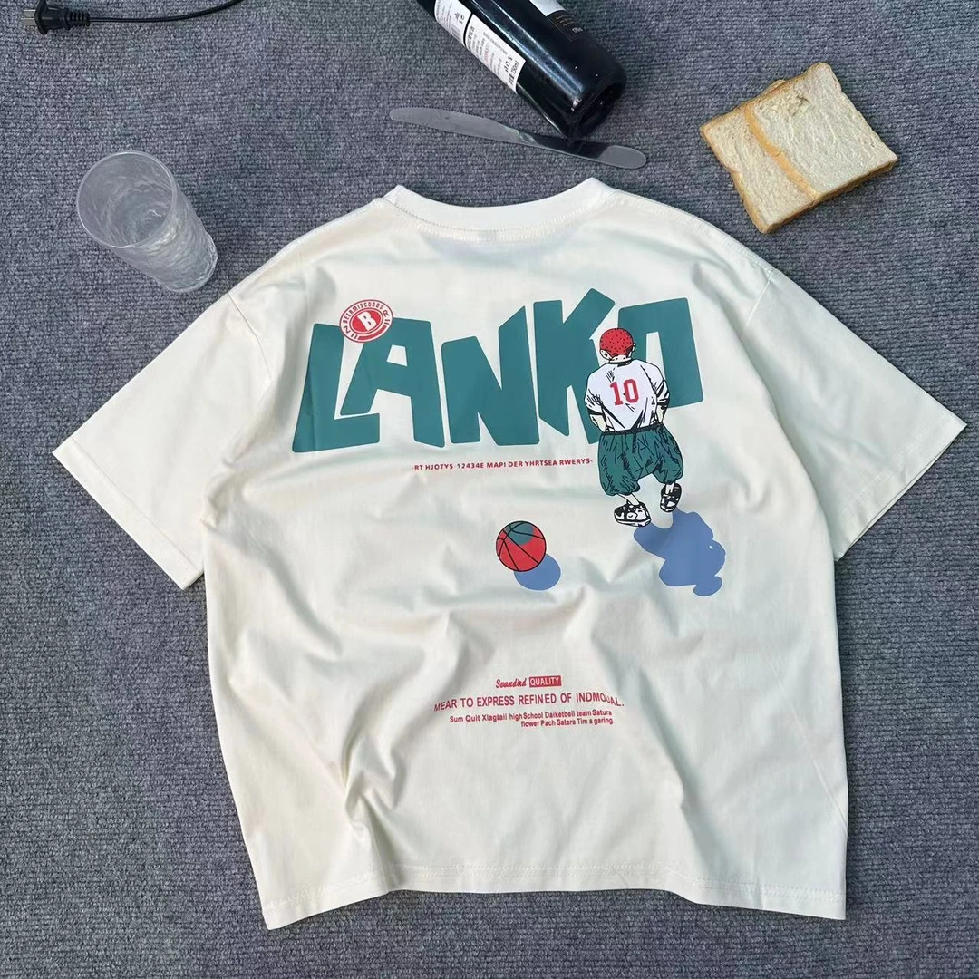 【Y055米杏色】夏季上衣T恤中大童学生短袖韩版卡通印花百搭休闲