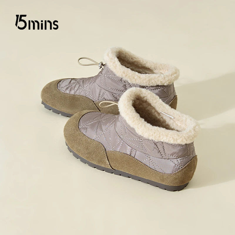 15mins平底加绒时尚雪地靴2025冬季新款舒适防滑一脚蹬保暖棉鞋女