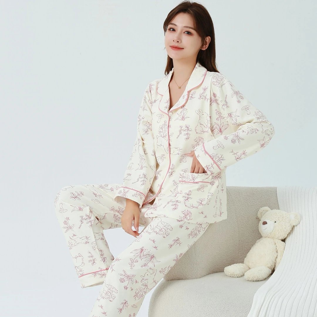 A类孕妇月子服纯棉100%全棉产妇出院喂奶哺乳睡衣女带胸垫可外穿