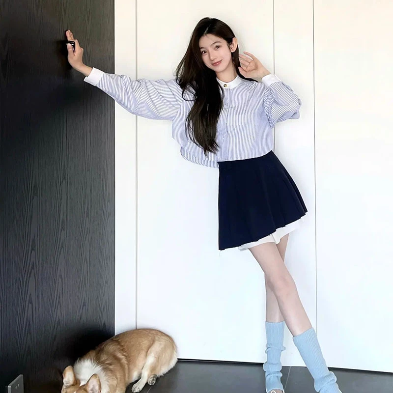 财阀千金套装韩系休闲减龄条纹上衣气质学院风高腰半身裙两件套女