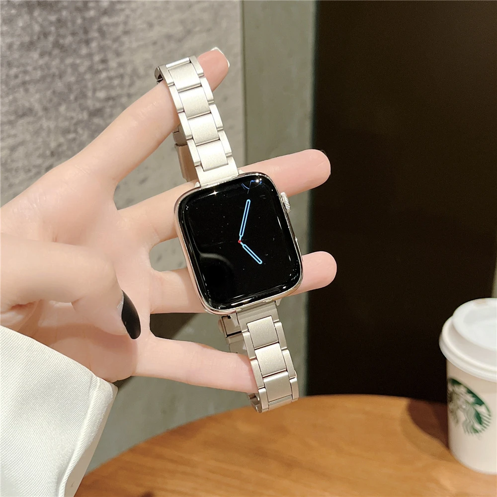 适用苹果手表带iwatch三珠小蛮腰金属表带applewatch女款窄边SE98