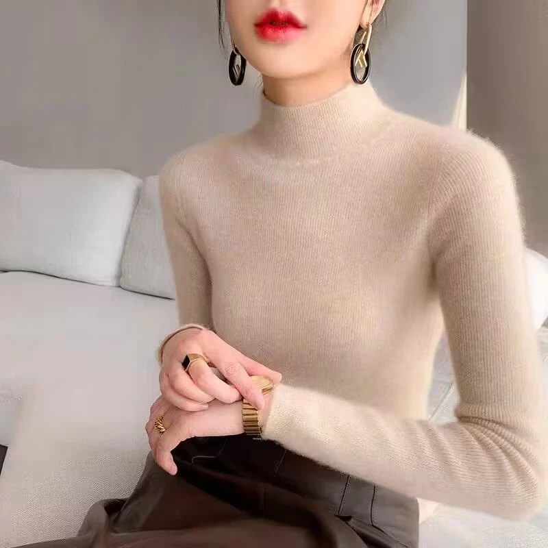 Y鄂尔多斯市羊绒女半高领长袖针织衫百搭修身显瘦秋冬打底衫