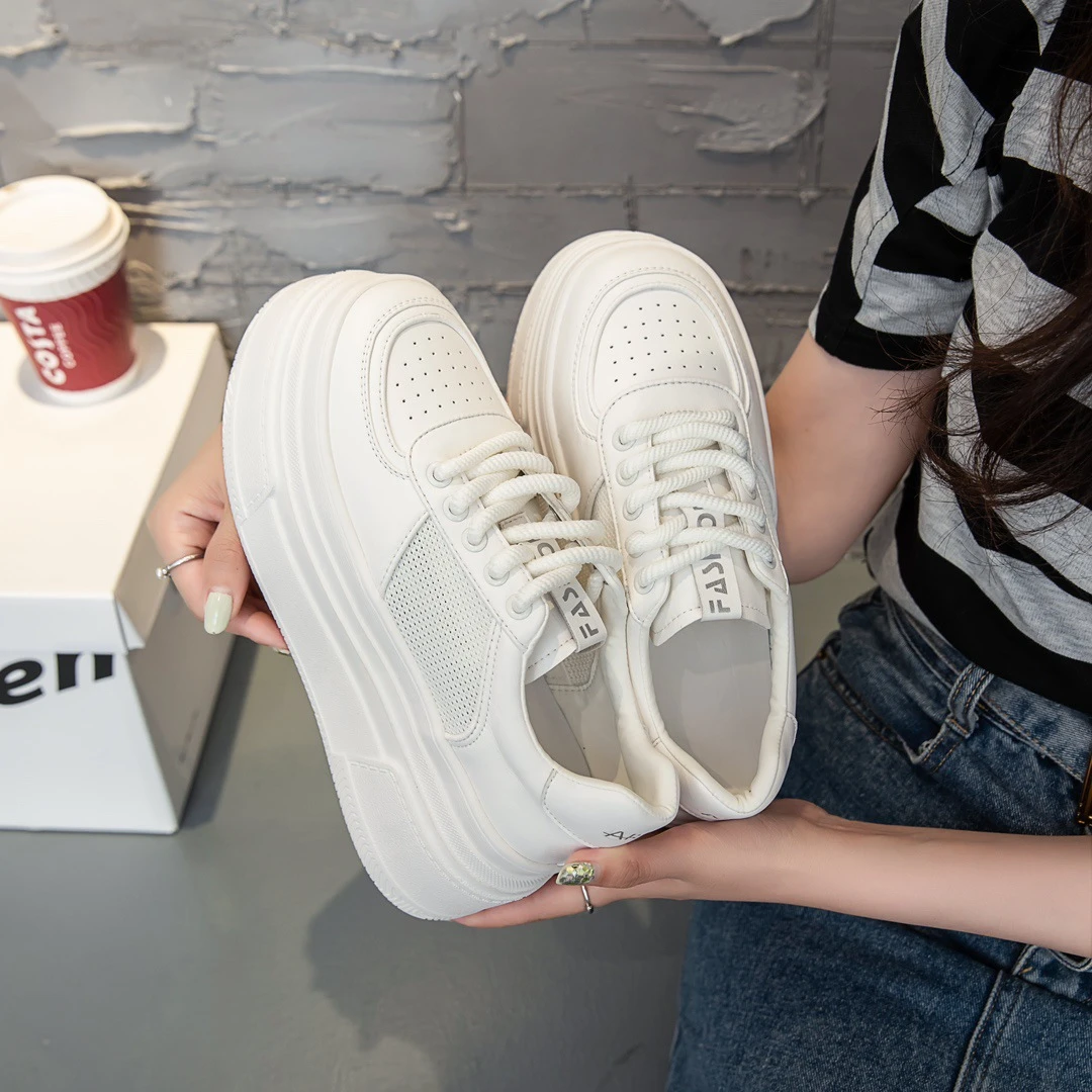 2024春夏新款小个子厚底6cm透气网鞋女休闲百搭松糕底小白鞋板鞋