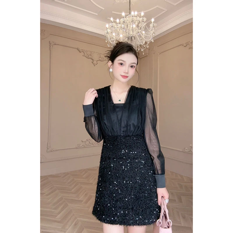 蕾丝显瘦气质长袖时尚法式收腰名媛连衣裙9915