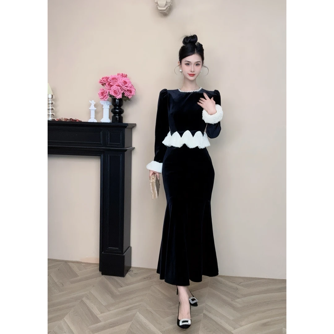 【设计师定制】新款时尚气质圆领修身显瘦名媛连衣裙45040