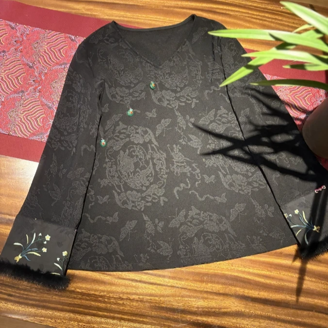 若锦 芳华设计新中式复古提花打底衫国风V领刺绣拼接打底衫