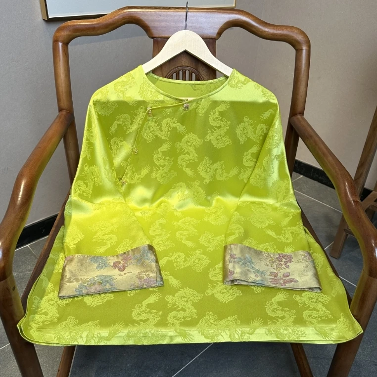 忆江南 芳华设计新中式醋酸提花斜襟上衣绿色复古国风斜襟小衫