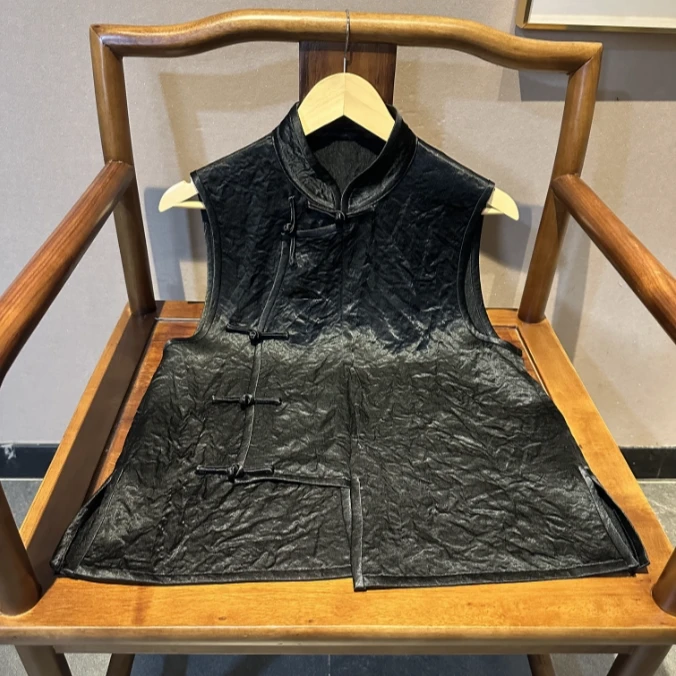 墨色 芳华设计新中式复古醋酸皱马甲国风黑色立领马甲