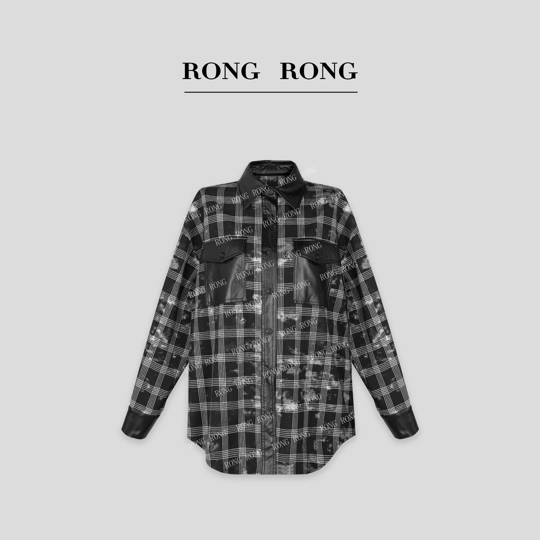 溶溶J【预感格调】RONGRONG 复古慵懒风显瘦格子拼皮衬衣 C-L206535