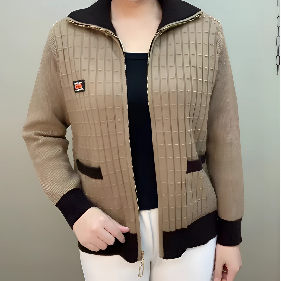 新款妈妈装方领弹性宽松针织开衫外套秋冬季时尚撞色百搭减龄上衣