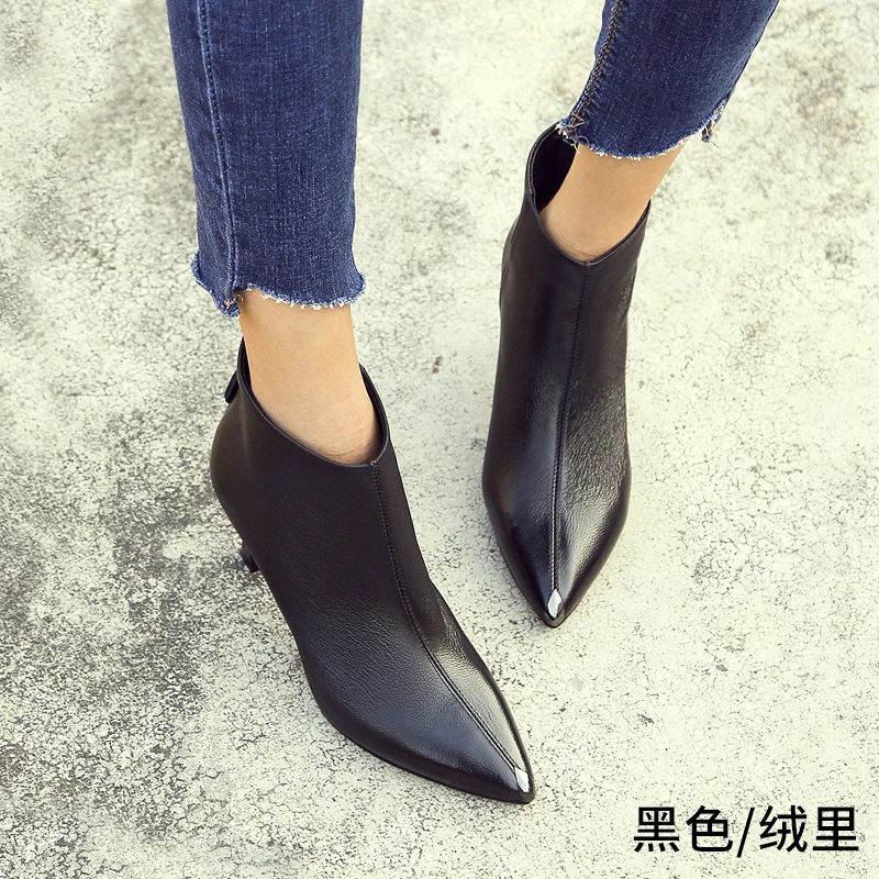 18090真皮尖头短靴女细跟单靴春秋裸靴加绒冬高跟小跟靴子