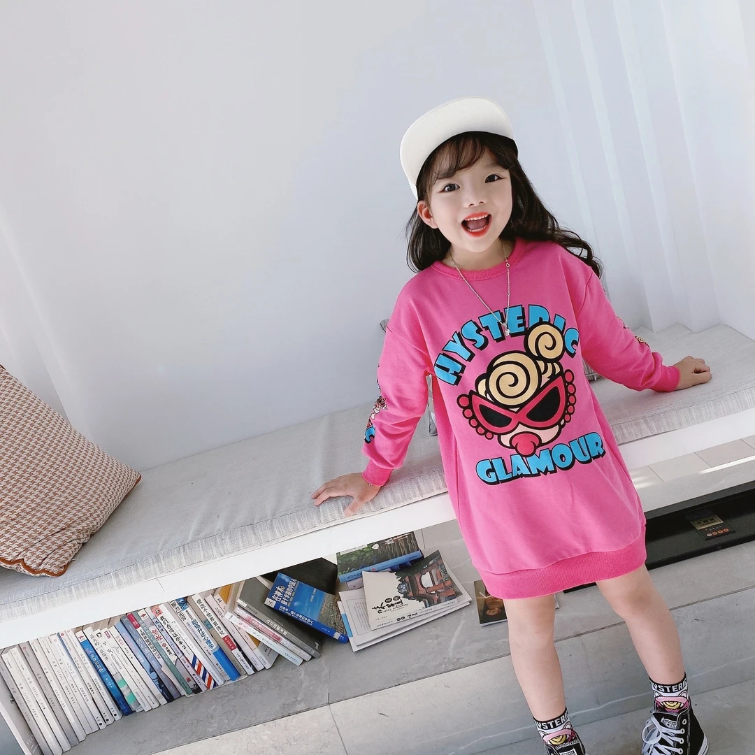 秋季新款 日系潮牌  黑超宽松款洋气裙中长款  纯棉拔印卫衣裙