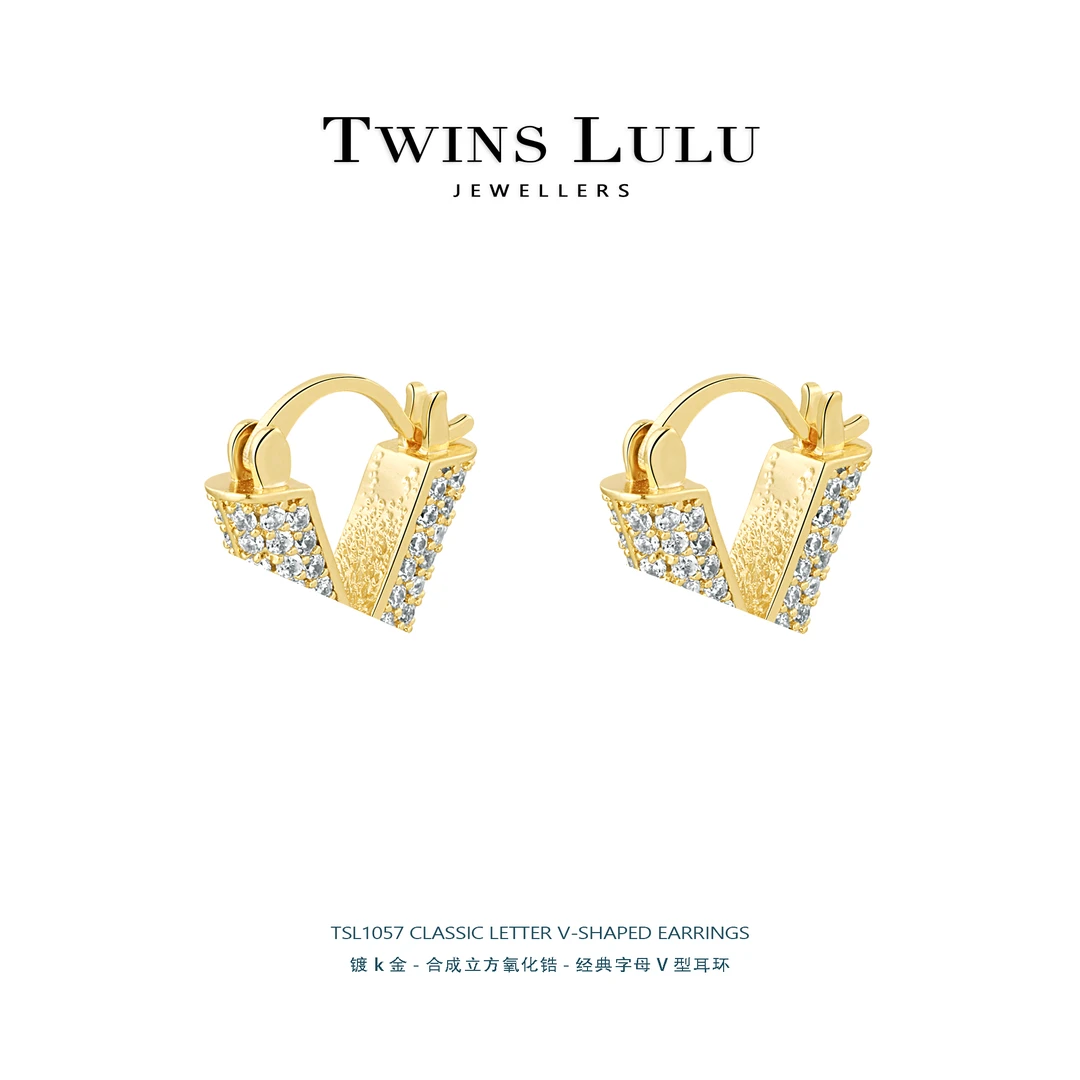 铜合金合成锆石耳饰 奢华百搭满高级氛围感 钻V型珠珠耳环TSL1057