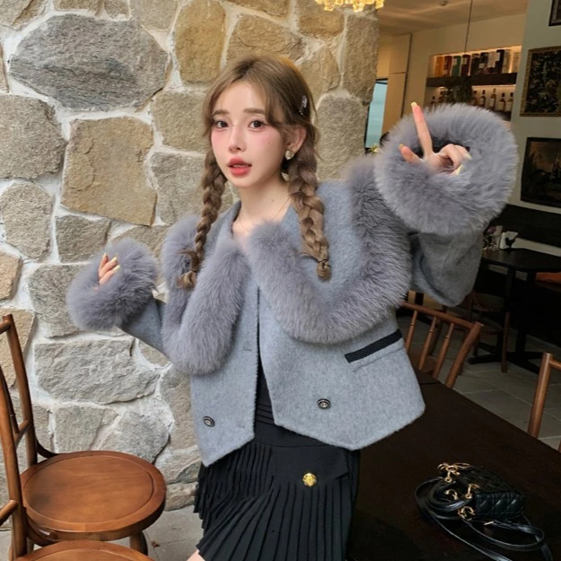 双面羊毛大衣女短款高腰设计感小众狐狸毛皮草毛呢外套2023秋冬季