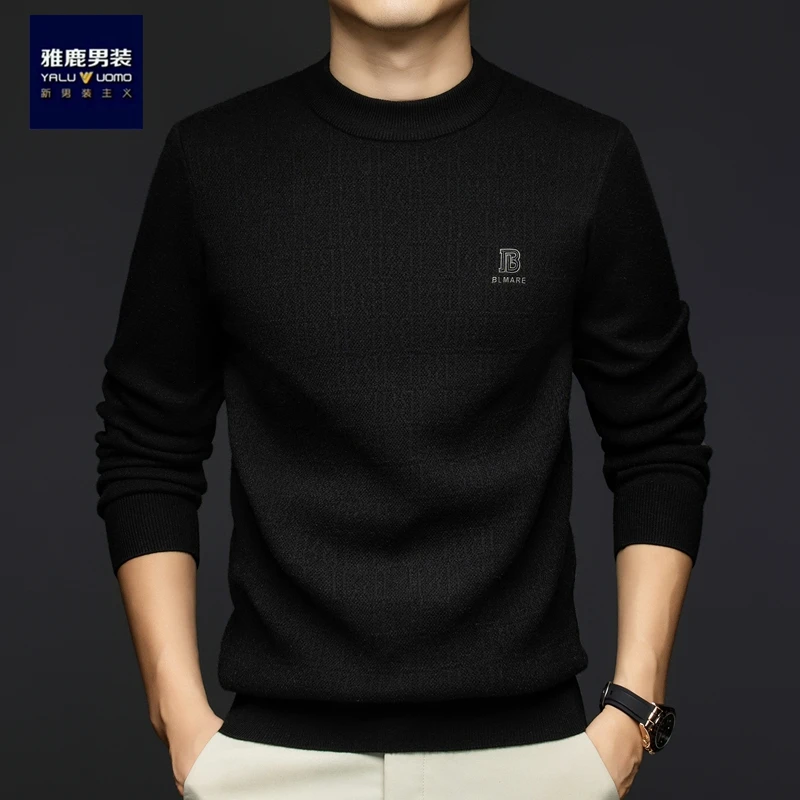 雅鹿男装含羊毛衫男士冬季基础纯色打底毛衣厚保暖休闲加厚针织衫