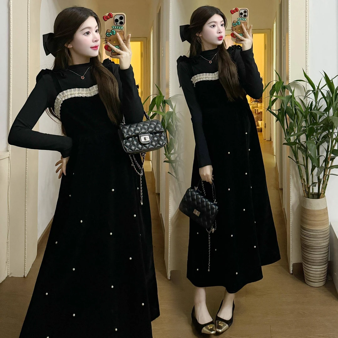 新款秋冬孕妇套装韩版时尚打底衫+针织背带裙套装中长款两件套潮