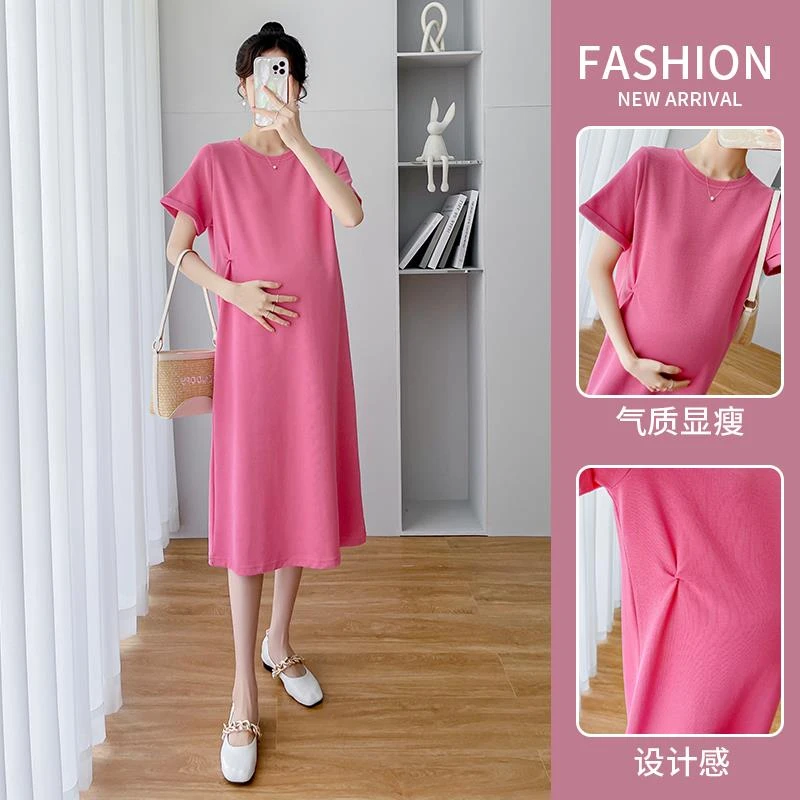 孕妇夏装新款中长款宽松显瘦圆领短袖连衣裙优雅裙子夏季孕妇裙潮