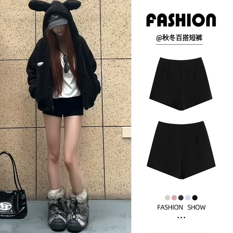 黑色短裤女秋冬2025新款高腰显瘦小个子加绒外穿热裤辣妹打底靴裤