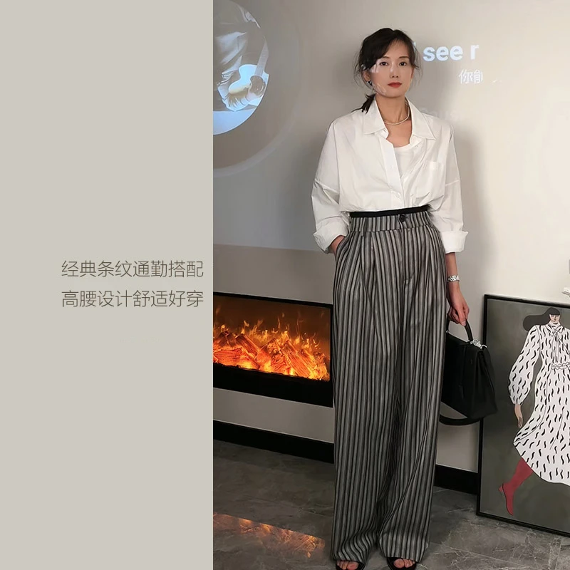 超显瘦大牌感设计师条纹西装阔腿拖地裤高腰时尚宽松休闲裤