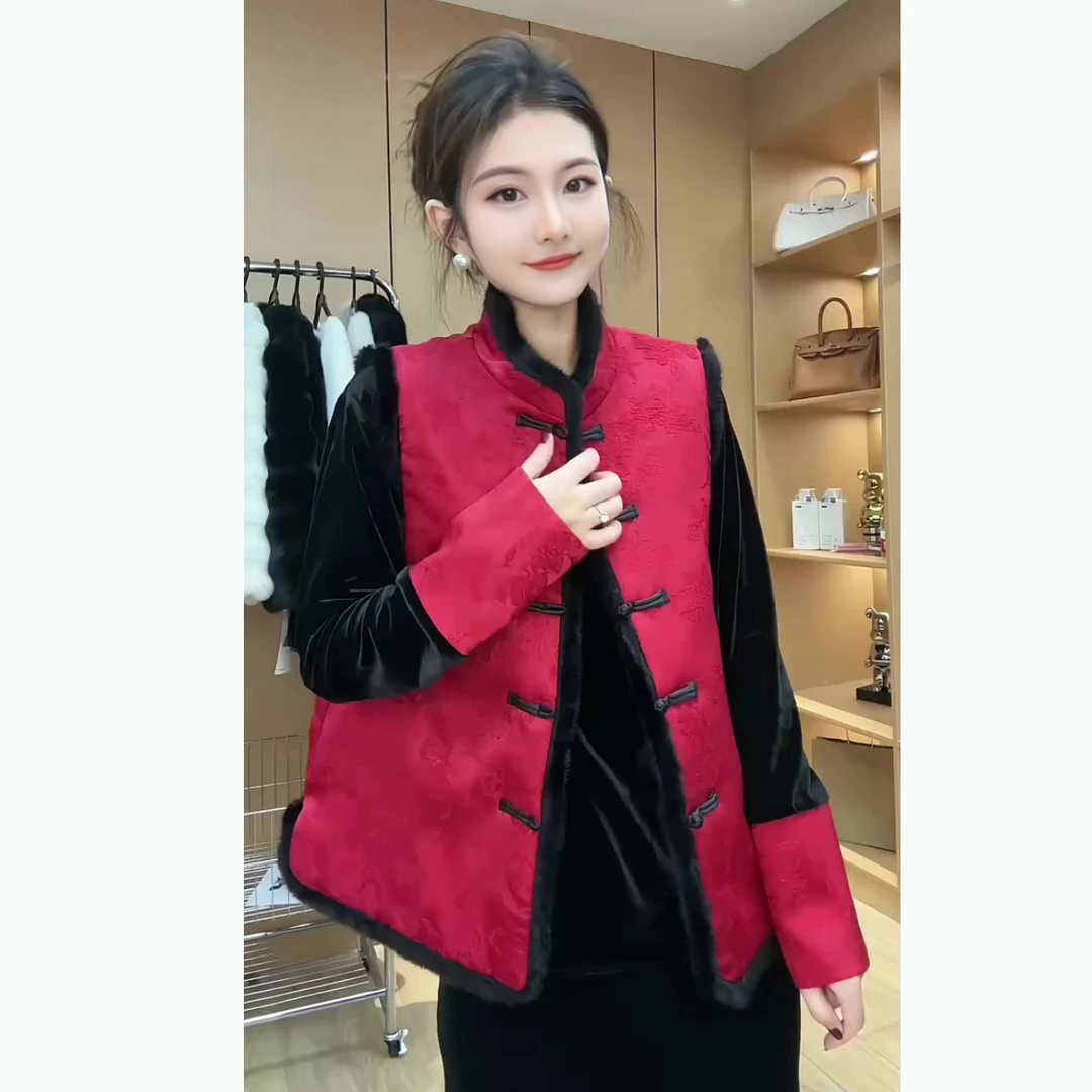 气质百搭宽松圆领拼色丝绒打底衫 红字提花刺绣加厚马夹（分开拍）